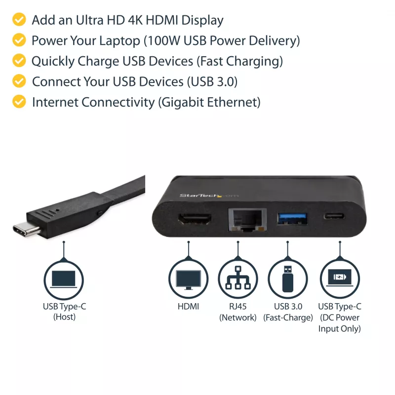USB-C multipordiadapter – kaasaskantav USB-C dokk, 4K HDMI, 100 W PD 3.0 läbivool, 1x USB-A, 1x USB-C, GbE – Thunderbolt 3 ja USB USB-C sülearvuti reisidokk – Mac ja Windows