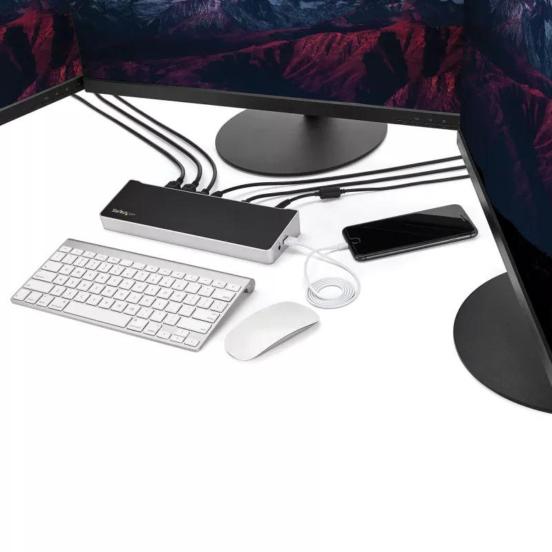 StarTech.com 4K USB-C-dokk, kolmekordne UHD 4K monitori dokkimisjaam, Mac ja Windows, USB-C HDMI-le ja DisplayPortile, 100 W toiteedastus, 5x USB 5 Gbit/s jaotur – TAA