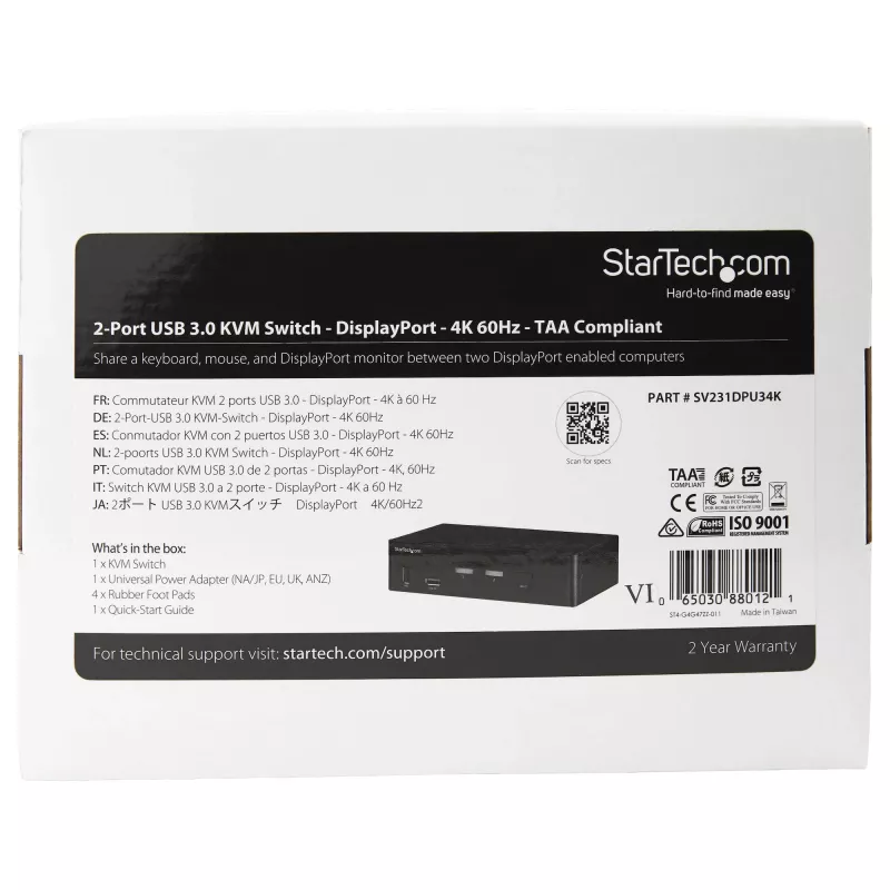 StarTech.com 2-pordiline DisplayPort KVM-lüliti - 4K 60Hz - üks ekraan - kahe pordiga UHD DP 1.2 USB KVM-lüliti integreeritud USB 3.0 jaoturi ja heliga - Dell HP Apple Lenovo - TAA-ühilduv