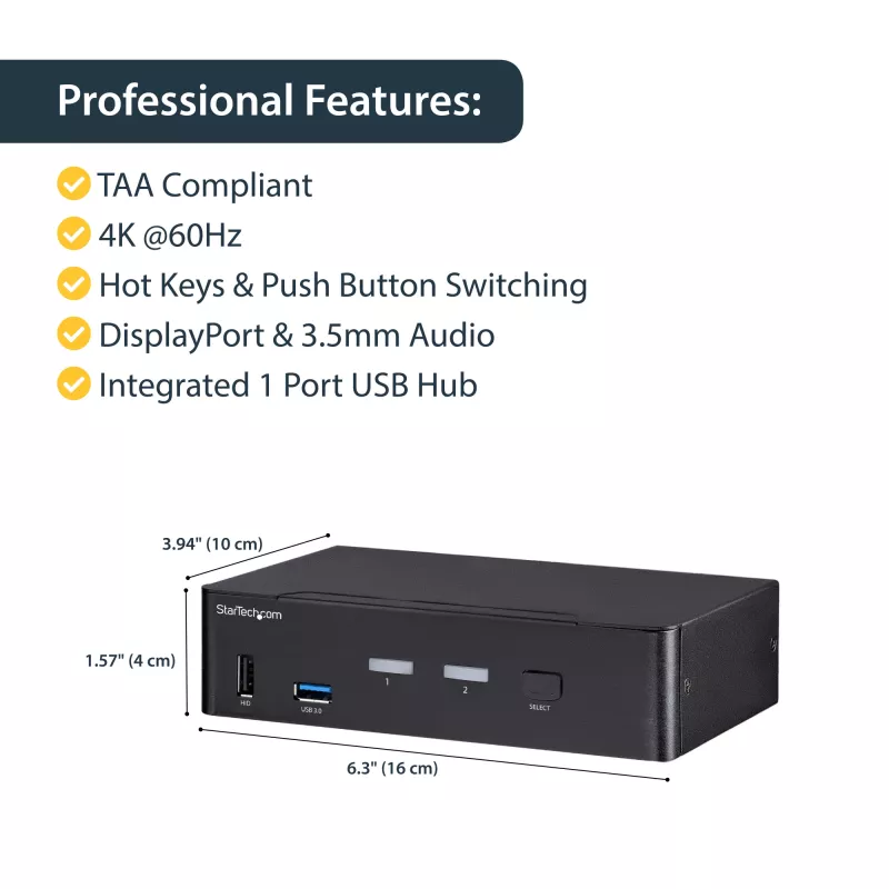 StarTech.com 2-pordiline DisplayPort KVM-lüliti - 4K 60Hz - üks ekraan - kahe pordiga UHD DP 1.2 USB KVM-lüliti integreeritud USB 3.0 jaoturi ja heliga - Dell HP Apple Lenovo - TAA-ühilduv