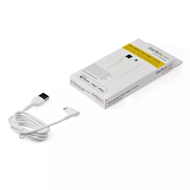 StarTech.com 3 jalga (1m) vastupidav USB-A – Lightning kaabel – valge 90° paremnurkne tugev vastupidav aramiidkiust USB-A – Lightning laadimis-/sünkroonimisjuhe – Apple MFi sertifitseeritud – iPhone