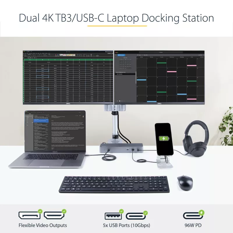 StarTech.com USB-C-dokkimisjaam Macbook Pro/Air-M1/M2/M3/M4 jaoks, Thunderbolt-ühilduv, HDMI/DisplayPort, kahe monitori 4K 60Hz/üks 8K, USB USB-C sülearvuti dokk, 96W toiteedastus, USB 10Gbps
