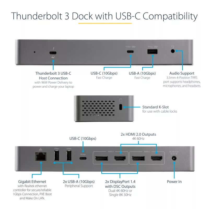 StarTech.com USB-C-dokkimisjaam Macbook Pro/Air-M1/M2/M3/M4 jaoks, Thunderbolt-ühilduv, HDMI/DisplayPort, kahe monitori 4K 60Hz/üks 8K, USB USB-C sülearvuti dokk, 96W toiteedastus, USB 10Gbps