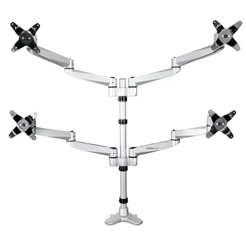 StarTech.com Lauakinnitusega Nelja Monitori Käsi – Premium Liigendatav VESA 4 Monitori Kinnitus 2x2 kuni 30-tolline – Ergonoomiline Kõrgusega Reguleeritav Postikinnitus - Kallutus/Pööramine/Pööramine - C-Klamber/Läbiviik - Hõbedane