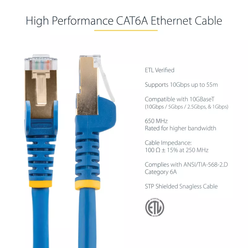 StarTech.com 5m CAT6a Ethernet kaabel - 10 Gigabit Shielded Snagless RJ45 100W PoE Patch Cord - 10GbE STP võrgukaabel w/Strain Relief - Blue Individually Tested/Wiring is UL Certified/TIA