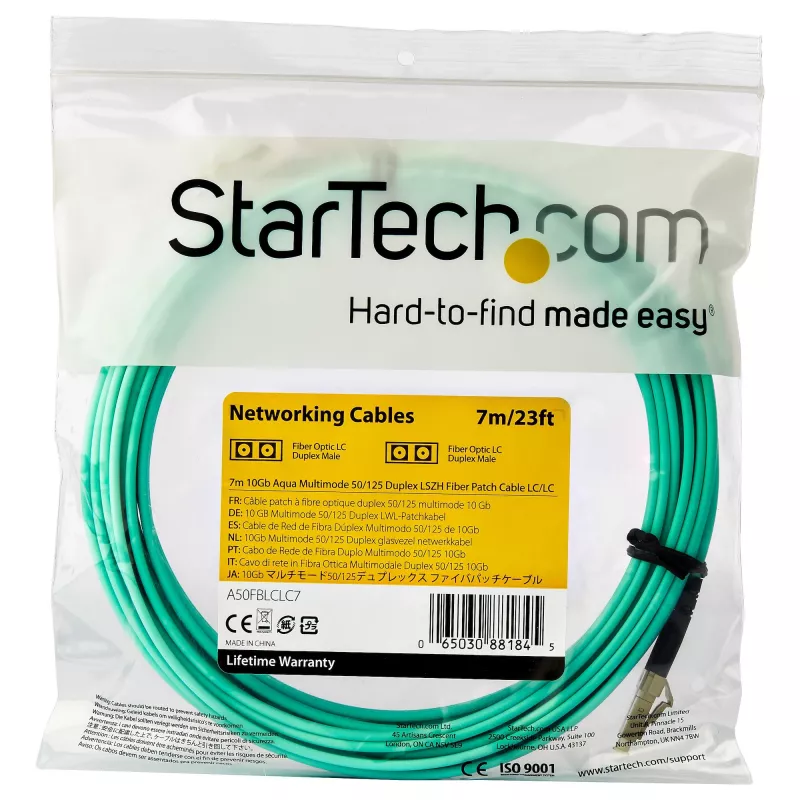 StarTech.com 7m (22ft) LC/UPC to LC/UPC OM3 mitmeelemendiline fiiberoptiline kaabel, täisdupleks 50/125µm tõmblukuga fiiberkaabel, 100G, madal sisestuskadu, LSZH fiiberhüppaja juhe