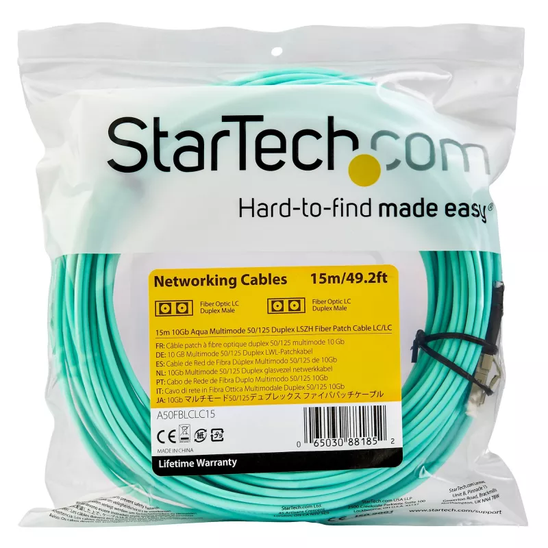 StarTech.com 15m (50ft) LC/UPC kuni LC/UPC OM3 mitmemoobiline fiiberoptiline kaabel, täisdupleks 50/125µm zipcord fiiberkaabel, 100G, madal sisestuskadu, LSZH fiiberhüppaja juhe