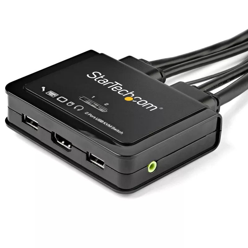 StarTech.com 2-pordine HDMI KVM-lüliti - 4K 60Hz - kompaktne kahe pordiga UHD/Ultra HD USB lauaarvuti KVM-lüliti integreeritud 1,2 m kaablite ja heliga - siini toitega ja kauglülitusega - MacBook ThinkPad