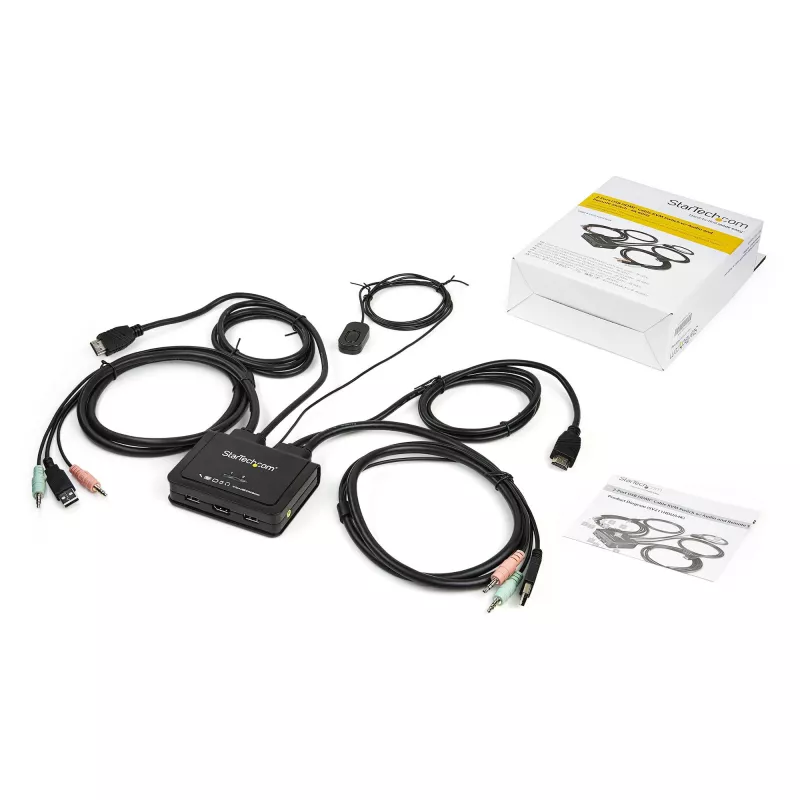 StarTech.com 2-pordine HDMI KVM-lüliti - 4K 60Hz - kompaktne kahe pordiga UHD/Ultra HD USB lauaarvuti KVM-lüliti integreeritud 1,2 m kaablite ja heliga - siini toitega ja kauglülitusega - MacBook ThinkPad