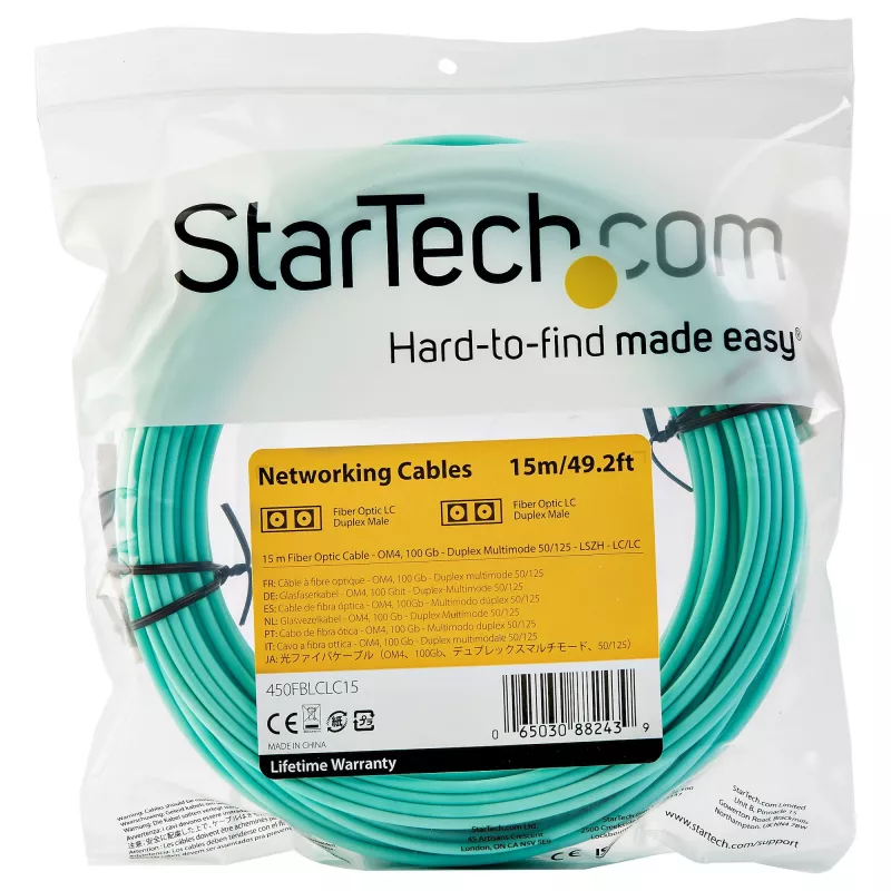 StarTech.com 15m (50ft) LC/UPC kuni LC/UPC OM4 mitmemoodiline fiiberoptiline kaabel, 50/125µm LOMMF/VCSEL Zipcord kiud, 100G, madal sisestuskadu – LSZH fiiber hüppaja juhe