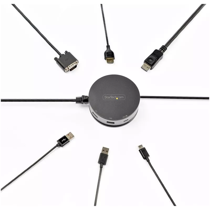 StarTech.com USB-C mitme pordiga adapter – USB 3.1 Gen 2 10 Gbit/s USB-C minidokk, 4K 60 Hz HDMI/DisplayPort või 1080p VGA, 75 W PD läbipääs, 3 pordiga USB-jaotur, GbE – mobiilne dokkimisjaam