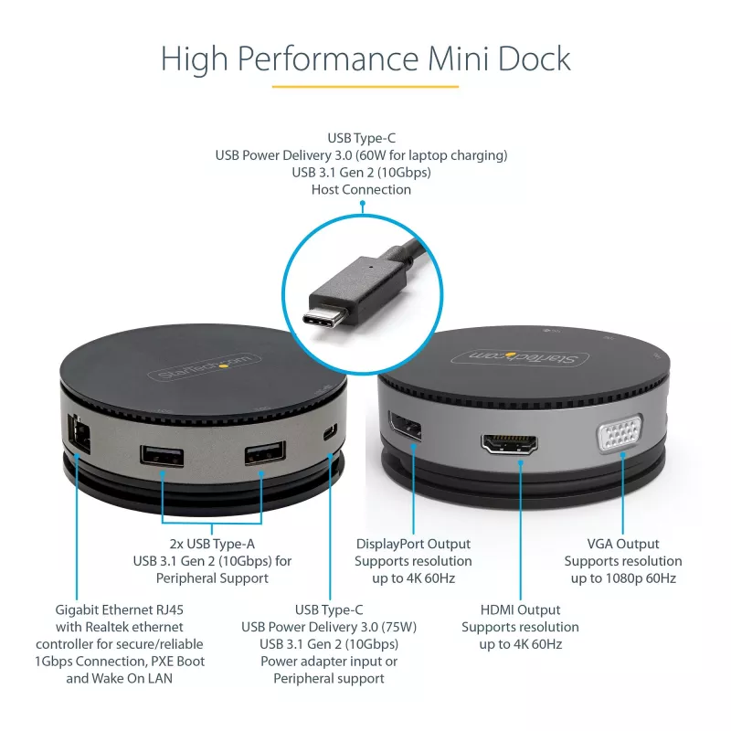 StarTech.com USB-C mitme pordiga adapter – USB 3.1 Gen 2 10 Gbit/s USB-C minidokk, 4K 60 Hz HDMI/DisplayPort või 1080p VGA, 75 W PD läbipääs, 3 pordiga USB-jaotur, GbE – mobiilne dokkimisjaam