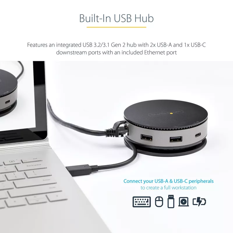 StarTech.com USB-C mitme pordiga adapter – USB 3.1 Gen 2 10 Gbit/s USB-C minidokk, 4K 60 Hz HDMI/DisplayPort või 1080p VGA, 75 W PD läbipääs, 3 pordiga USB-jaotur, GbE – mobiilne dokkimisjaam