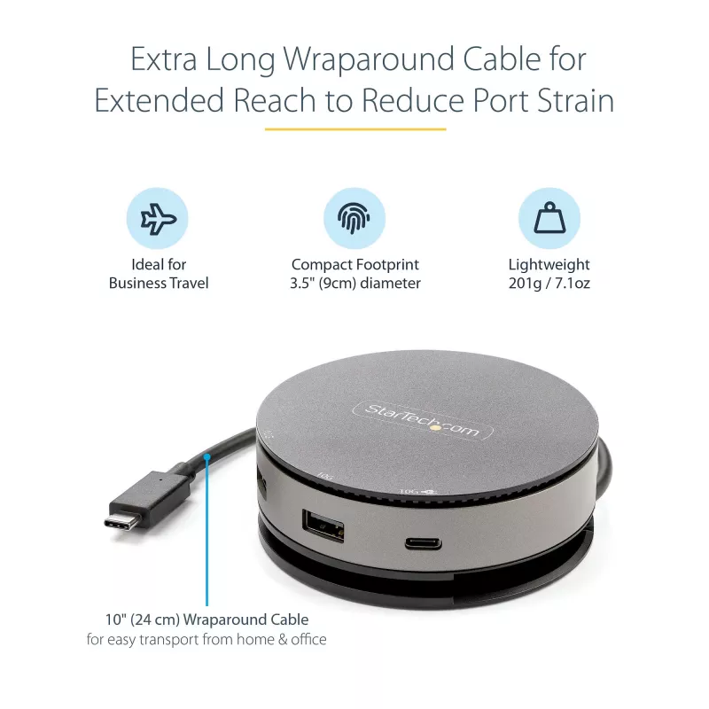 StarTech.com USB-C mitme pordiga adapter – USB 3.1 Gen 2 10 Gbit/s USB-C minidokk, 4K 60 Hz HDMI/DisplayPort või 1080p VGA, 75 W PD läbipääs, 3 pordiga USB-jaotur, GbE – mobiilne dokkimisjaam
