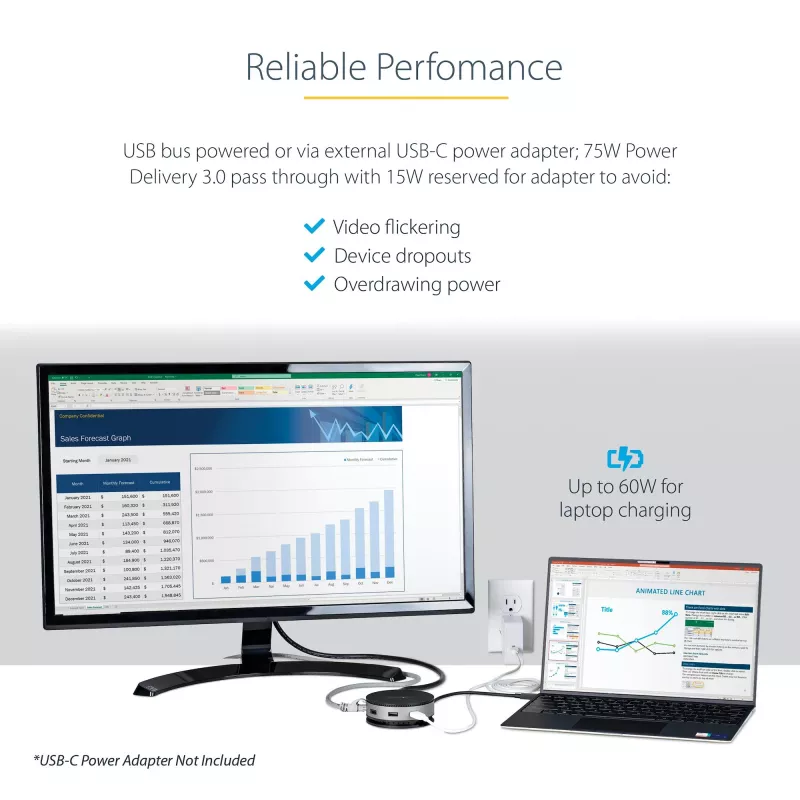 StarTech.com USB-C mitme pordiga adapter – USB 3.1 Gen 2 10 Gbit/s USB-C minidokk, 4K 60 Hz HDMI/DisplayPort või 1080p VGA, 75 W PD läbipääs, 3 pordiga USB-jaotur, GbE – mobiilne dokkimisjaam