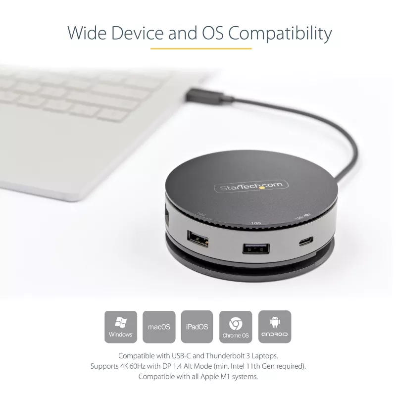 StarTech.com USB-C mitme pordiga adapter – USB 3.1 Gen 2 10 Gbit/s USB-C minidokk, 4K 60 Hz HDMI/DisplayPort või 1080p VGA, 75 W PD läbipääs, 3 pordiga USB-jaotur, GbE – mobiilne dokkimisjaam