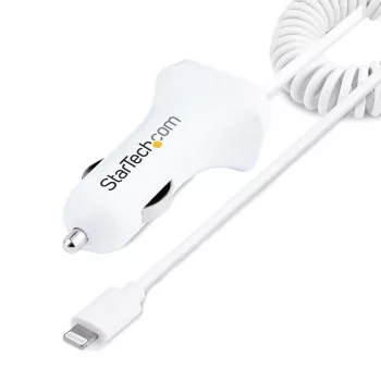 StarTech.com Lightning autolaadija keerdkaabliga, 1 m keerd-Lightning-kaabel, 12 W, valge, 2 pordiga USB-autolaaduri adapter telefonidele ja tahvelarvutitele, kahe USB-ga auto iPhone'i laadija