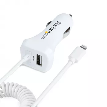 StarTech.com Lightning autolaadija keerdkaabliga, 1 m keerd-Lightning-kaabel, 12 W, valge, 2 pordiga USB-autolaaduri adapter telefonidele ja tahvelarvutitele, kahe USB-ga auto iPhone'i laadija