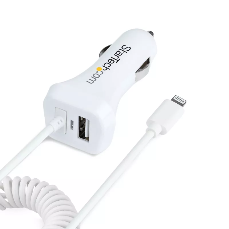 StarTech.com Lightning autolaadija keerdkaabliga, 1 m keerd-Lightning-kaabel, 12 W, valge, 2 pordiga USB-autolaaduri adapter telefonidele ja tahvelarvutitele, kahe USB-ga auto iPhone'i laadija