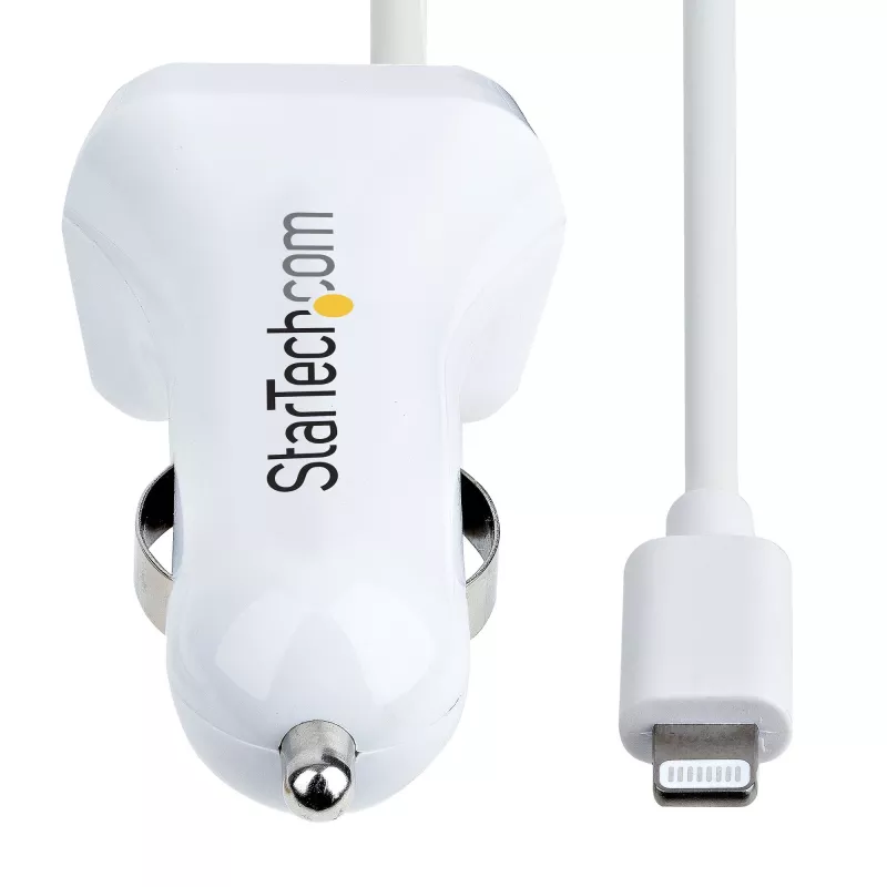 StarTech.com Lightning autolaadija keerdkaabliga, 1 m keerd-Lightning-kaabel, 12 W, valge, 2 pordiga USB-autolaaduri adapter telefonidele ja tahvelarvutitele, kahe USB-ga auto iPhone'i laadija