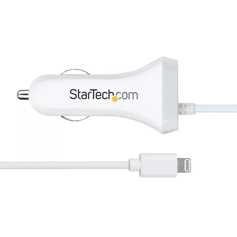 StarTech.com Lightning autolaadija keerdkaabliga, 1 m keerd-Lightning-kaabel, 12 W, valge, 2 pordiga USB-autolaaduri adapter telefonidele ja tahvelarvutitele, kahe USB-ga auto iPhone'i laadija