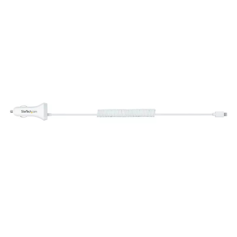 StarTech.com Lightning autolaadija keerdkaabliga, 1 m keerd-Lightning-kaabel, 12 W, valge, 2 pordiga USB-autolaaduri adapter telefonidele ja tahvelarvutitele, kahe USB-ga auto iPhone'i laadija