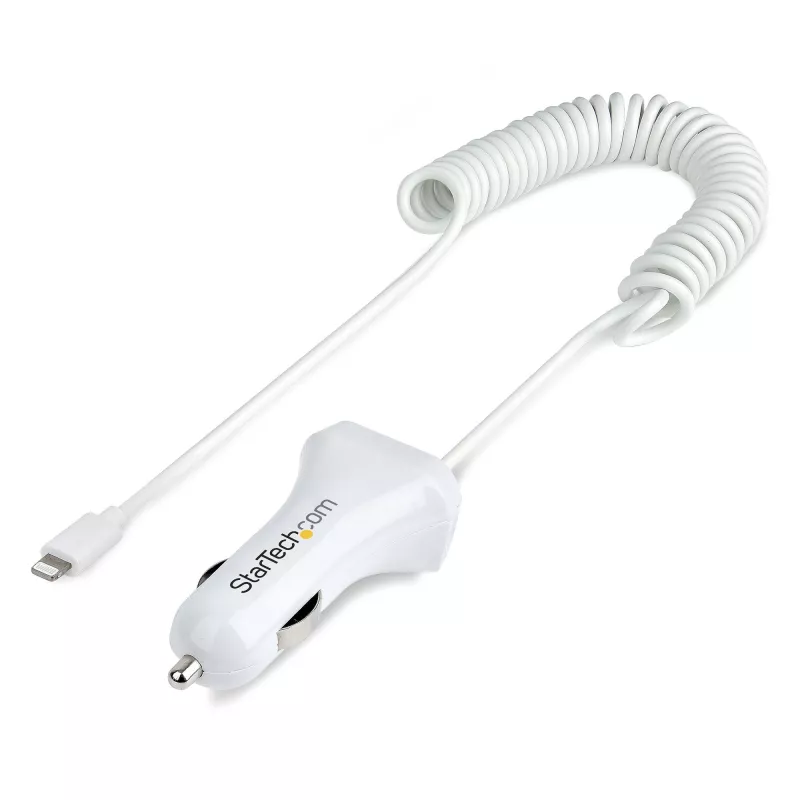 StarTech.com Lightning autolaadija keerdkaabliga, 1 m keerd-Lightning-kaabel, 12 W, valge, 2 pordiga USB-autolaaduri adapter telefonidele ja tahvelarvutitele, kahe USB-ga auto iPhone'i laadija