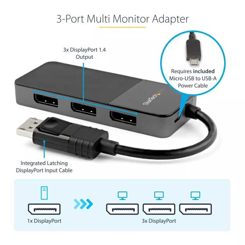 StarTech.com 3 pordiga mitme monitori adapter - DisplayPort 1.4 kuni 3x 4K DisplayPort video jaotur - kahe- või kolmekordne 4K - süle-/lauaarvuti DisplayPort MST jaotur mitme monitori jaoks - ainult Windowsi arvutitele