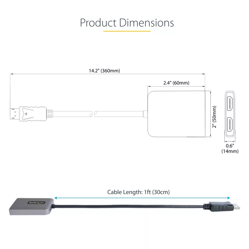 StarTech.com DP Dual HDMI MST HUB-ile – Dual HDMI 4K 60Hz – DisplayPort mitme monitori adapter 1 jala / 30 cm kaabliga – DP 1.4 mitme voo transpordi jaotur, DSC | HBR3 – DP HDMI jaoturiks