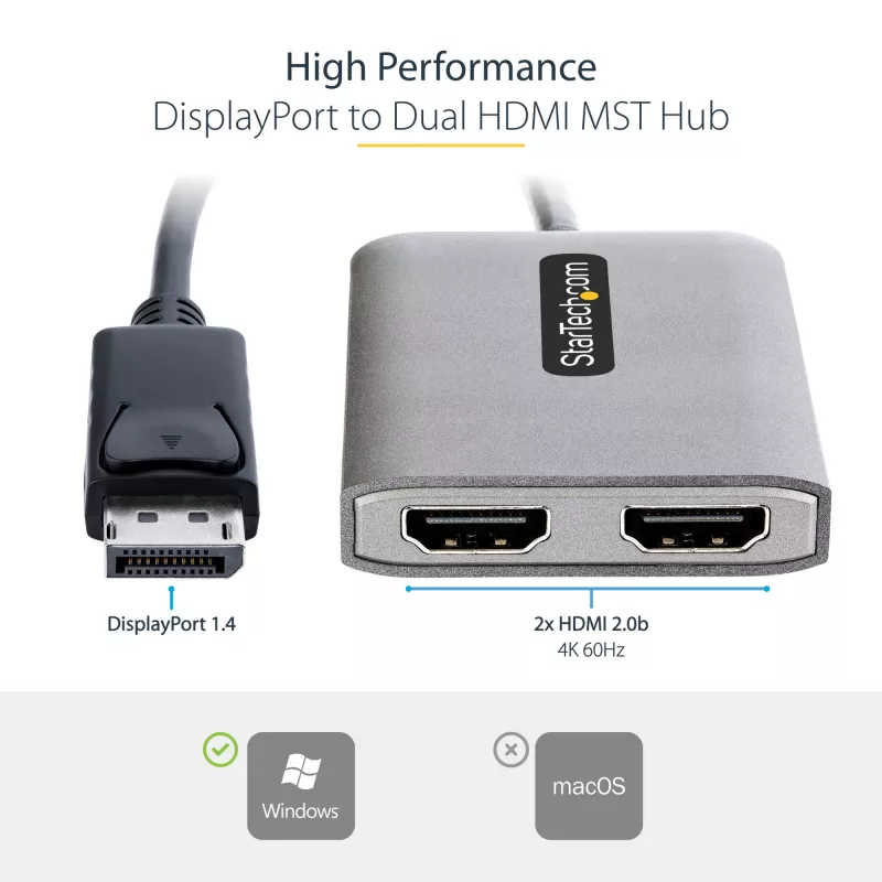 StarTech.com DP Dual HDMI MST HUB-ile – Dual HDMI 4K 60Hz – DisplayPort mitme monitori adapter 1 jala / 30 cm kaabliga – DP 1.4 mitme voo transpordi jaotur, DSC | HBR3 – DP HDMI jaoturiks