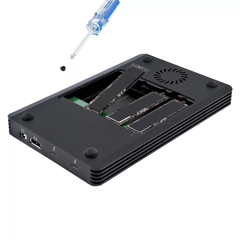 StarTech.com 4 sahtliga Thunderbolt 3 NVMe-korpus M.2 NVMe SSD-draividele, 1x DisplayPort-video / 2x TB3 allavoolu porti, 40 Gbit/s, 72 W toiteplokk, väline kõvakettakorpus