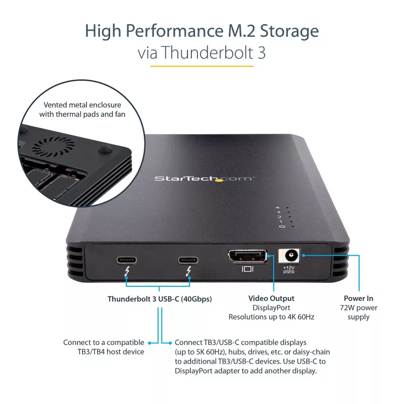 StarTech.com 4 sahtliga Thunderbolt 3 NVMe-korpus M.2 NVMe SSD-draividele, 1x DisplayPort-video / 2x TB3 allavoolu porti, 40 Gbit/s, 72 W toiteplokk, väline kõvakettakorpus