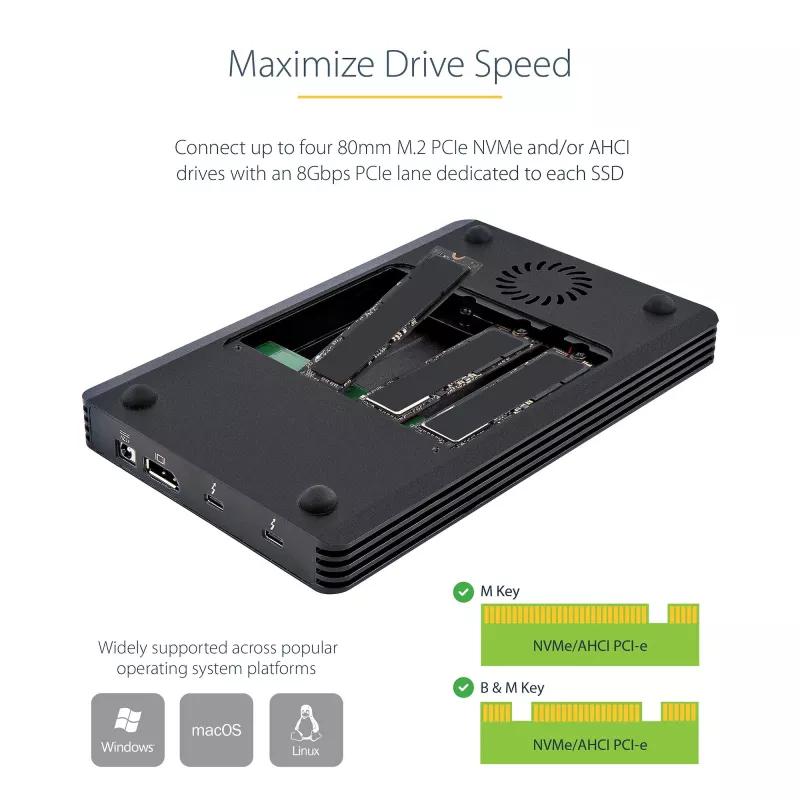 StarTech.com 4 sahtliga Thunderbolt 3 NVMe-korpus M.2 NVMe SSD-draividele, 1x DisplayPort-video / 2x TB3 allavoolu porti, 40 Gbit/s, 72 W toiteplokk, väline kõvakettakorpus