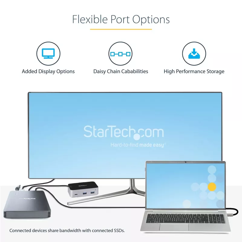 StarTech.com 4 sahtliga Thunderbolt 3 NVMe-korpus M.2 NVMe SSD-draividele, 1x DisplayPort-video / 2x TB3 allavoolu porti, 40 Gbit/s, 72 W toiteplokk, väline kõvakettakorpus