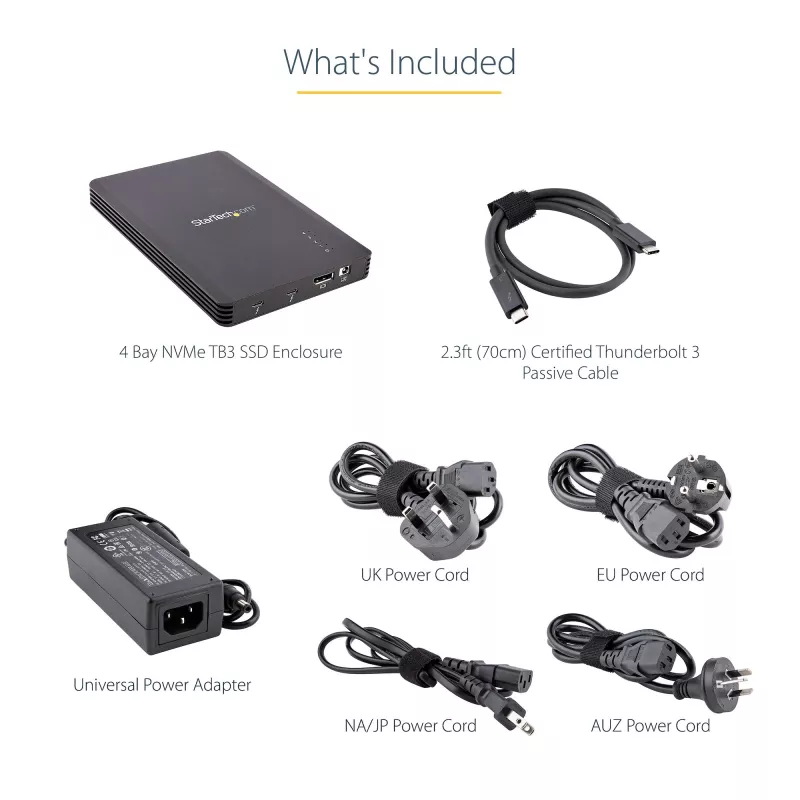 StarTech.com 4 sahtliga Thunderbolt 3 NVMe-korpus M.2 NVMe SSD-draividele, 1x DisplayPort-video / 2x TB3 allavoolu porti, 40 Gbit/s, 72 W toiteplokk, väline kõvakettakorpus
