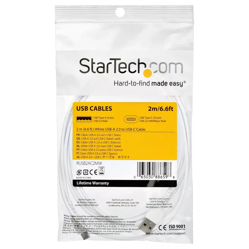 StarTech.com 2 m USB-A–USB-C laadimiskaabel – vastupidav kiirlaadimis- ja sünkroonimiskaabel, USB 2.0–USB USB-C andmejuhe – tugev TPE-kest aramiidkiuga, M/M, 3 A, valge – Samsung S10, iPad Pro, Pixel