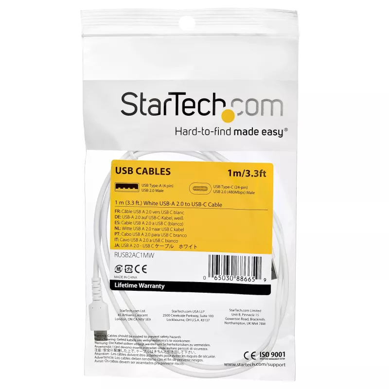 StarTech.com 1 m USB-A kuni USB-C laadimiskaabel – vastupidav kiirlaadimis- ja sünkroonimis-USB 2.0 kuni USB-C andmekaabel – töökindel TPE-kate aramiidkiuga M/M 3A valge – Samsung S10, iPad Pro, Pixel
