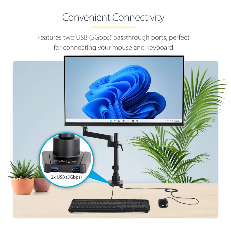 StarTech.com lauale kinnitatav monitorihoidik 2x USB 3.0 pordiga, täisliikuv ühe monitori alus, kuni 34-tollisele (17,6 naela/8 kg) VESA-ekraanile, klamber-/läbiviigukinnitus, mehaaniline vedru