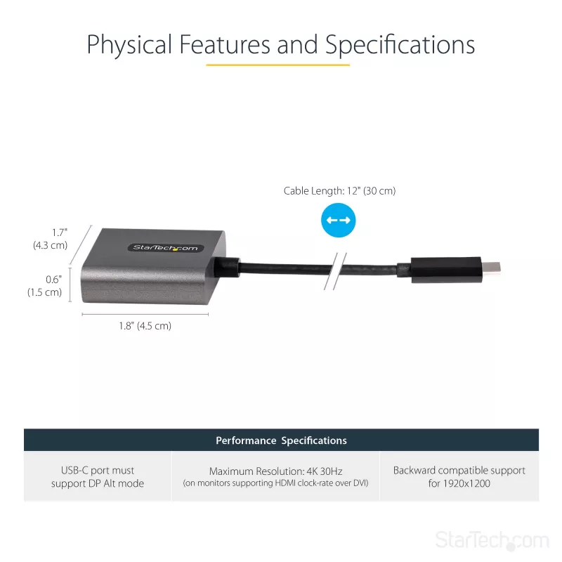 StarTech.com USB-C - DVI-adapter - 1920x1200p USB-C - DVI-D-adapteri dongel - USB USB-C - DVI-ekraan/monitor - videomuundur - Thunderbolt 3-ga ühilduv - 12-tolline pikk lisakaabel - CDP2DVI täiendatud versioon
