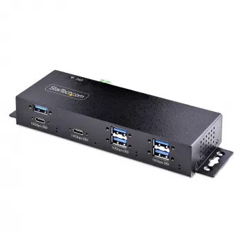 StarTech.com 7-pordiline tööstuslik USB 10 Gbps jaotur toiteadapteriga, metallist, paigaldatav, 5x USB-A ja 2x USB-C allavooluporti, ESD-kaitse, toitega USB-jaotur, TAA