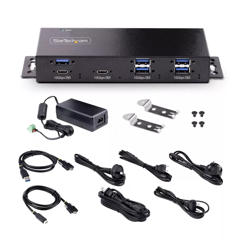 StarTech.com 7-pordiline tööstuslik USB 10 Gbps jaotur toiteadapteriga, metallist, paigaldatav, 5x USB-A ja 2x USB-C allavooluporti, ESD-kaitse, toitega USB-jaotur, TAA