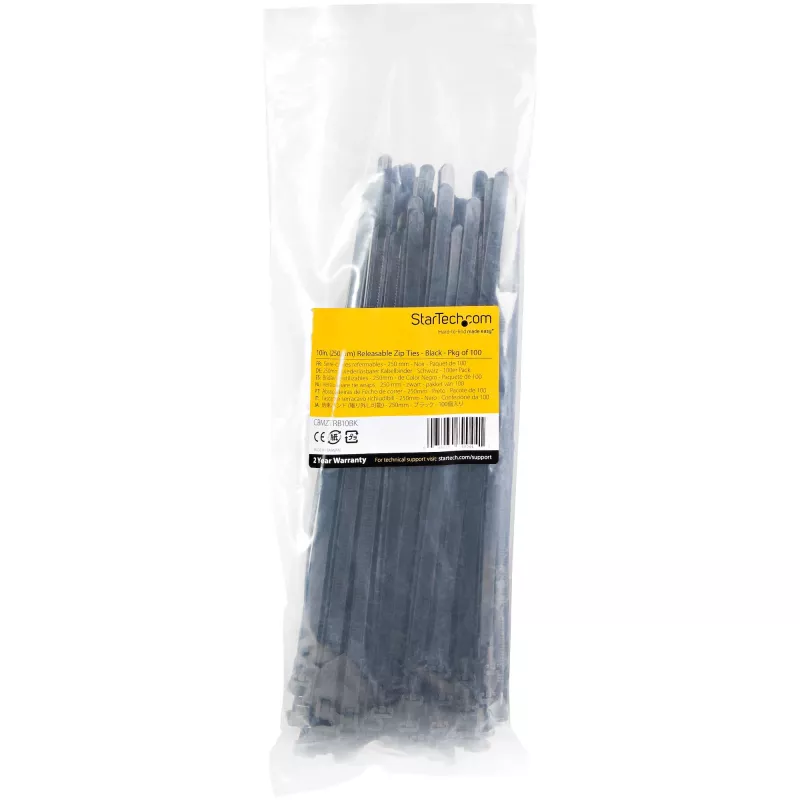 StarTech.com 10 tolli (25 cm) korduvkasutatavad kaablisidemed – 1/4 tolli (7 mm) laiad, 2-1/2 tolli (65 mm) kimbu läbimõõt, 50 naela (22 kg) tõmbetugevus, vabastatavad nailonsidemed, sise-/välistingimustesse, 94V-2/UL loetletud, 100 pakk – must