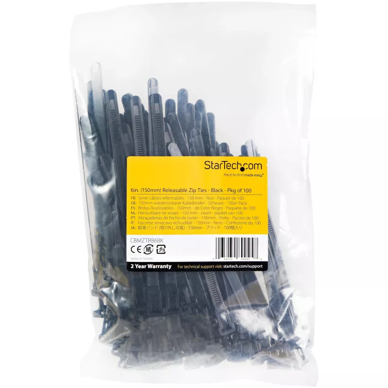 StarTech.com 6-tollised (15 cm) korduvkasutatavad kaablisidemed - 1/4 tolli (7 mm) laiad, 1-3/8 tolli (35 mm) kimbu läbimõõt, 50 naela (22 kg) tõmbetugevus, avatavad nailonsidemed, sise-/välistingimustesse, 94V-2/UL loetletud, 100 tk pakend - Must