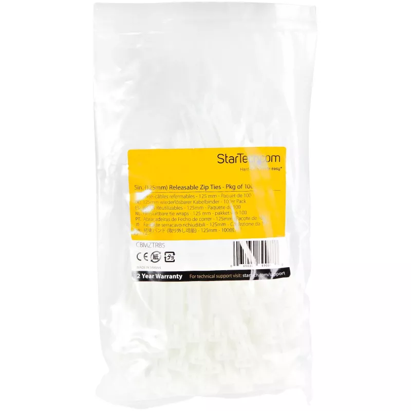 StarTech.com 5 tolli (12 cm) korduskasutatavad kaablisidemed – 1/4 tolli (7 mm) laiad, 1-1/8 tolli (30 mm) kimbu läbimõõt, 50 naela (22 kg) tõmbetugevus, vabastatavad nailonsidemed, sise-/välistingimustesse, 94V-2/UL loetletud, 100 tk pakend – valge