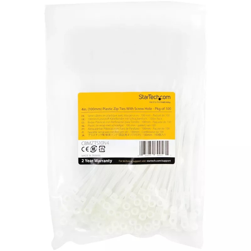 StarTech.com 4 tolli (10 cm) kaablisidemed kinnitusauguga – 1/16 tolli (2 mm) lai, 7/8 tolli (24 mm) kimbu läbimõõt, 18 naela (8 kg) tõmbetugevus, nailon 66 iselukustuvad sidemed kruviauguga, UL loetletud, 100 tk pakend
