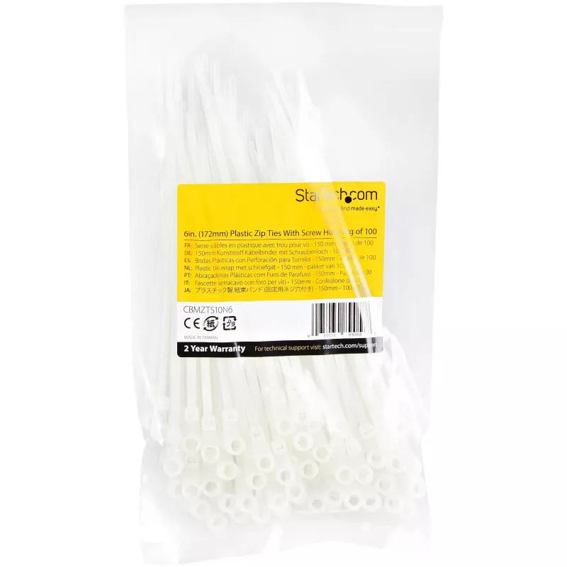 StarTech.com 6-tollised (15 cm) kaablisidemed kinnitusavaga - 1/8 tolli (3 mm) laiad, 1-1/2 tolli (40 mm) kimbu läbimõõt, 40 naela (18 kg) tõmbetugevus, nailon 66 iselukustuvad sidemed kruviauguga, UL loetletud, 100 tk pakend