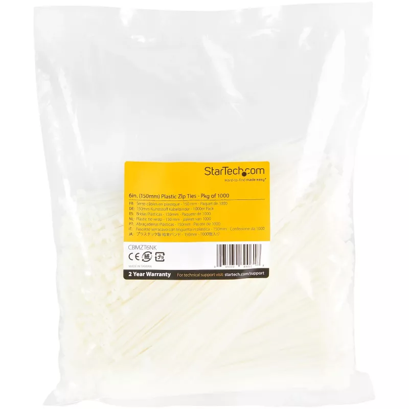 StarTech.com 6 tolli (15 cm) kaablisidemed – 1/8 tolli (3 mm) laiad, 1-3/8 tolli (39 mm) kimbu läbimõõt, 40 naela (18 kg) tõmbetugevus, nailonist iselukustuvad tõmbsidemed kumera otsaga – 94V-2/UL loetletud, 1000 tk pakend – valge