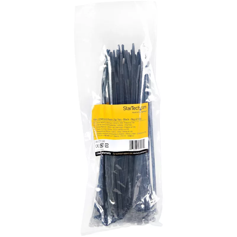 StarTech.com 10 tolli (25 cm) kaablisidemed - 1/8 tolli (4 mm) laiad, 2-5/8 tolli (68 mm) kimbu läbimõõt, 50 naela (22 kg) tõmbetugevus, nailonist iselukustuvad tõmblukuga sidemed kumera otsaga - 94V-2/UL loetletud, 100 tk pakend - Must