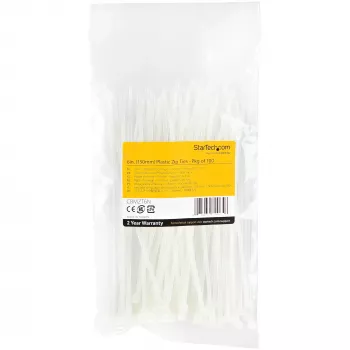 StarTech.com 100-Pack 15 cm kaablisidemed - 3,6 mm laiad, 39 mm kimbu läbimõõt, 18 kg tõmbetugevus, nailonist iselukustuvad tõmblukud kumera otsaga, UL loetletud, valge - TAA