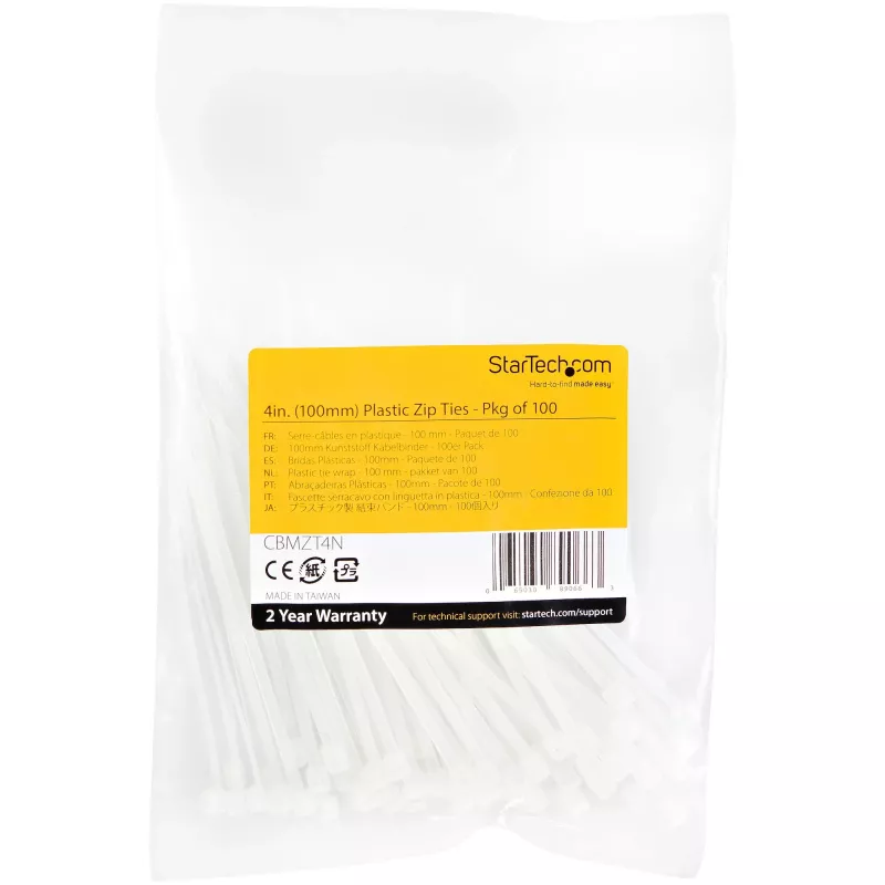StarTech.com 4 tolli (10 cm) kaablisidemed – 1/16 tolli (2 mm) laiad, 7/8 tolli (22 mm) kimbu läbimõõt, 18 naela (8 kg) tõmbetugevus, nailonist iselukustuvad tõmbsidemed kumera otsaga – 94V-2/UL loetletud, 100 tk pakend – valge